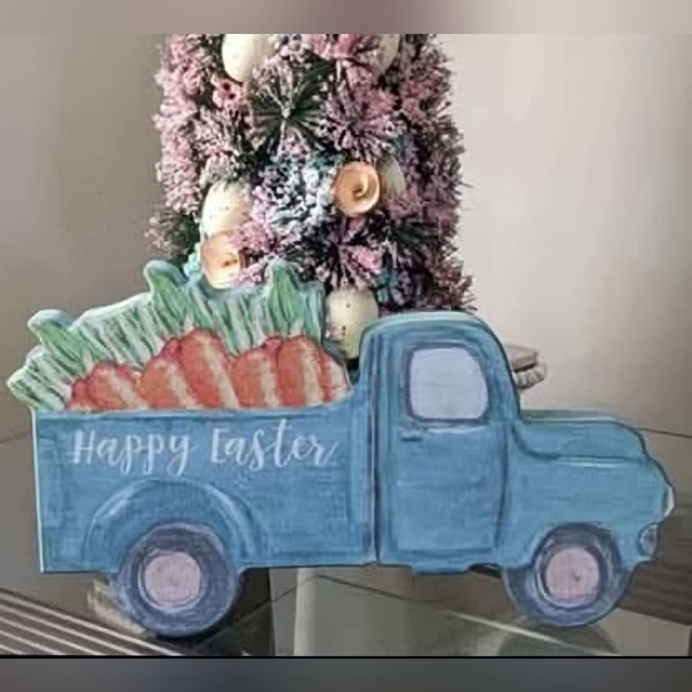 🐰 Happy Easter Truck & Carrots  Large 13" Wood Block Decor
